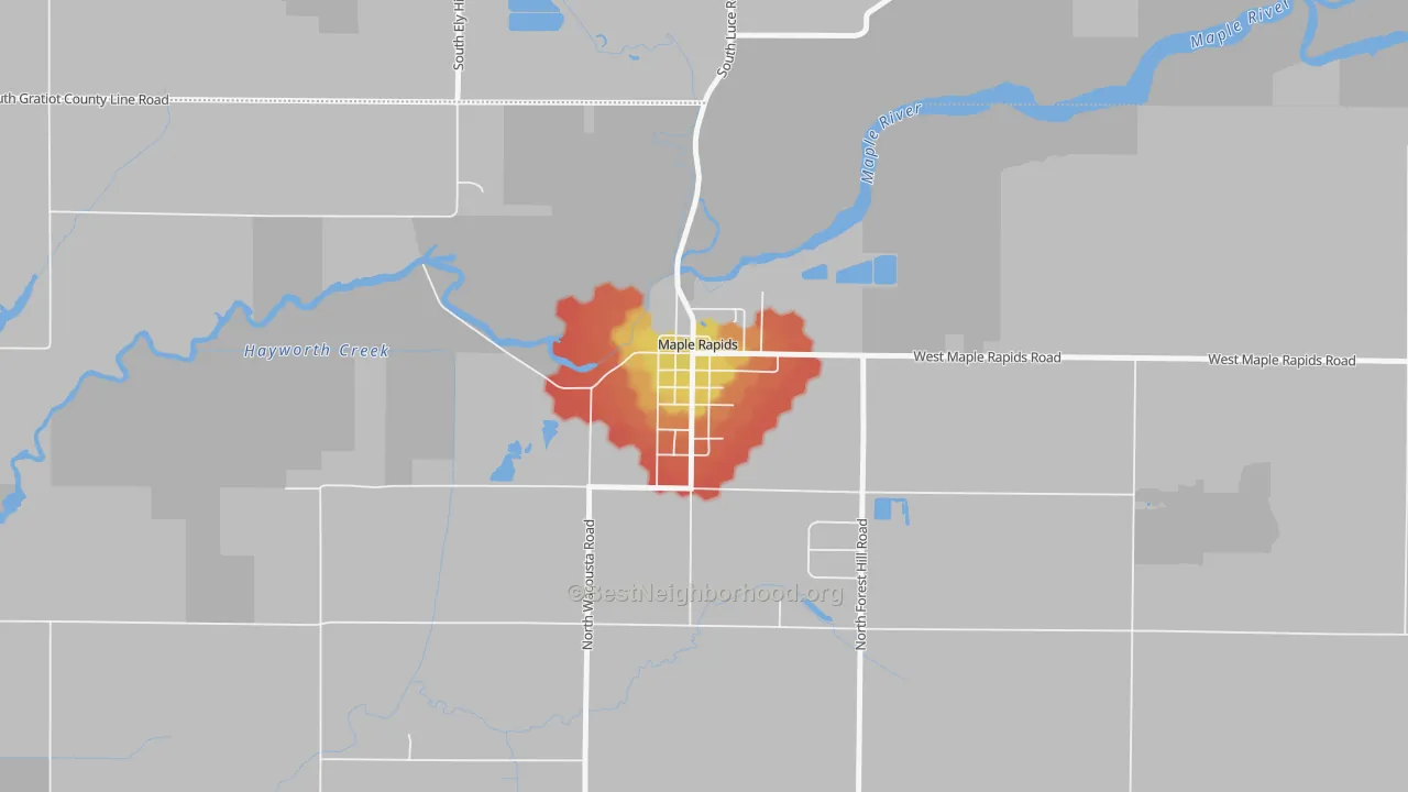 Walk Grade map of 48853, MI, walkable areas in green and car-dependent areas in red