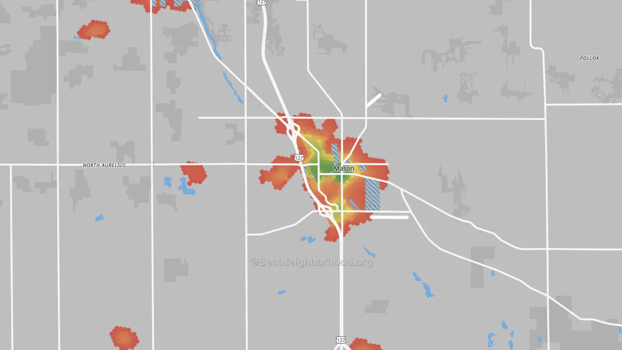 Walk Grade map of 48854, MI, walkable areas in green and car-dependent areas in red