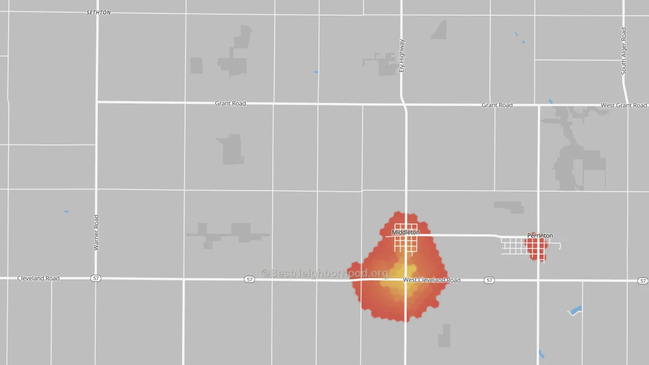 Walk Grade map of 48856, MI, walkable areas in green and car-dependent areas in red