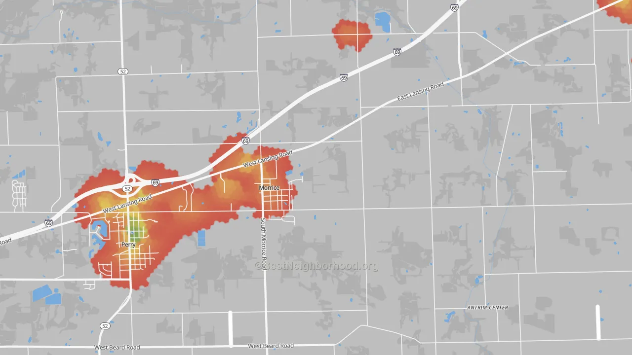 Walk Grade map of 48857, MI, walkable areas in green and car-dependent areas in red