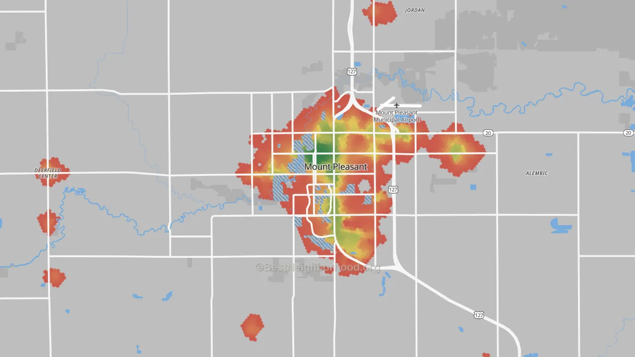 Walk Grade map of 48858, MI, walkable areas in green and car-dependent areas in red