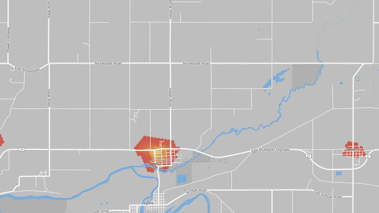 Walk Grade map of 48860, MI, walkable areas in green and car-dependent areas in red