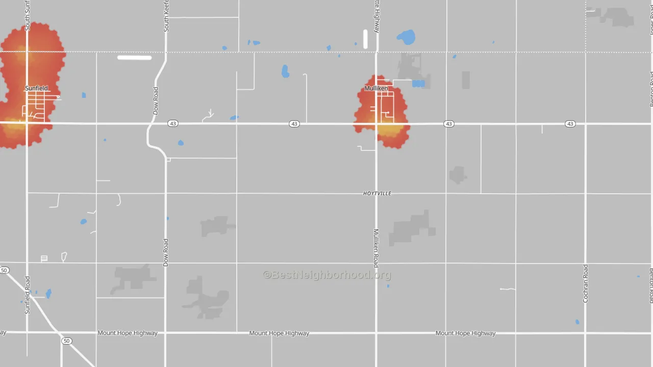 Walk Grade map of 48861, MI, walkable areas in green and car-dependent areas in red