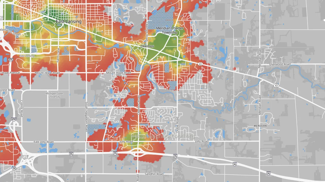 Walk Grade map of 48864, MI, walkable areas in green and car-dependent areas in red