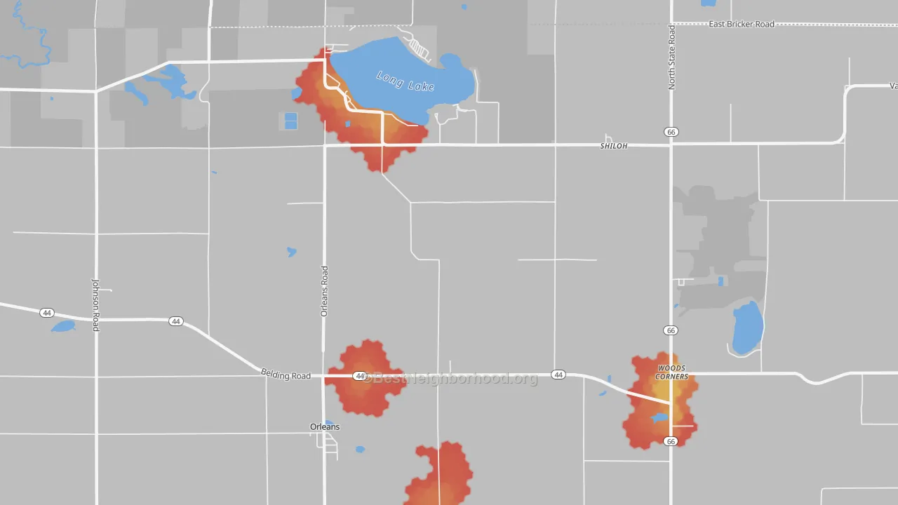 Walk Grade map of 48865, MI, walkable areas in green and car-dependent areas in red