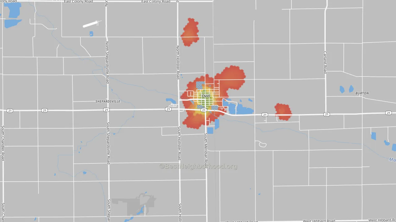 Walk Grade map of 48866, MI, walkable areas in green and car-dependent areas in red