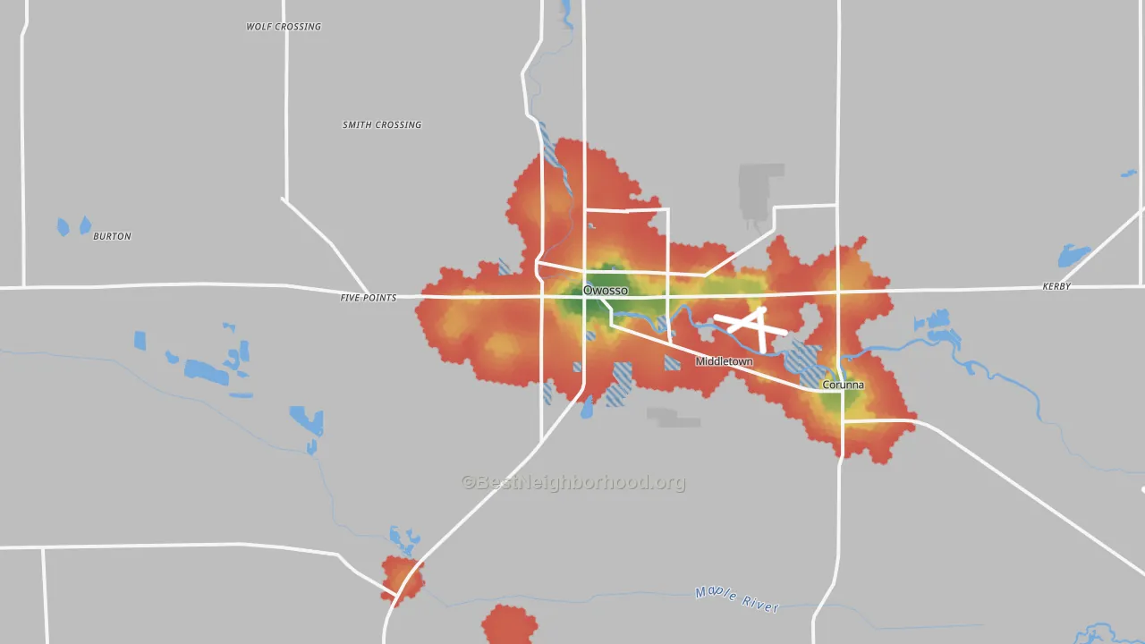Walk Grade map of 48867, MI, walkable areas in green and car-dependent areas in red