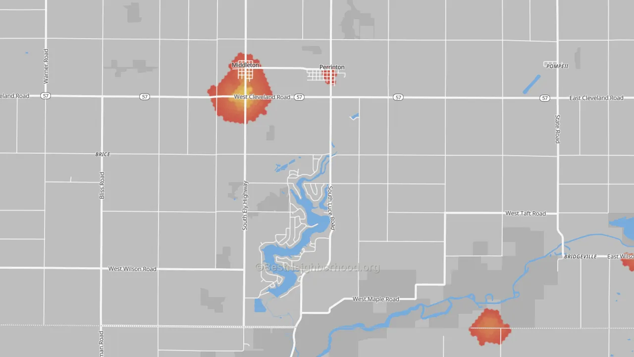Walk Grade map of 48871, MI, walkable areas in green and car-dependent areas in red