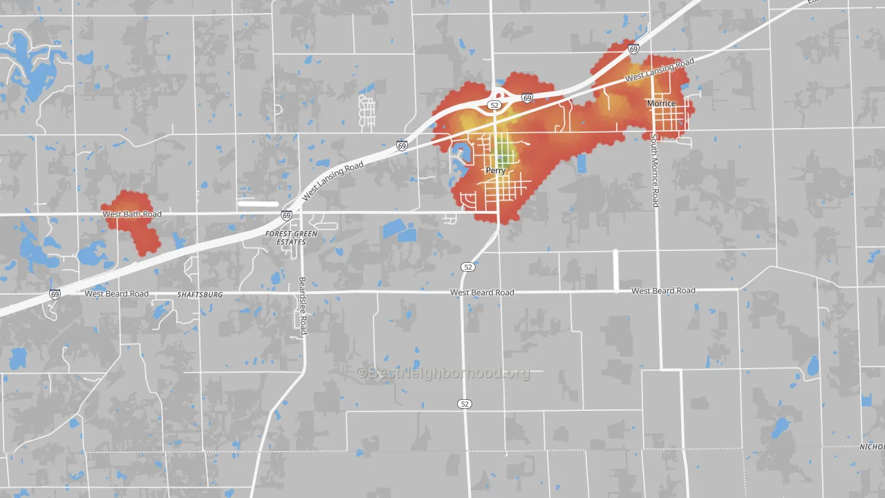 Walk Grade map of 48872, MI, walkable areas in green and car-dependent areas in red