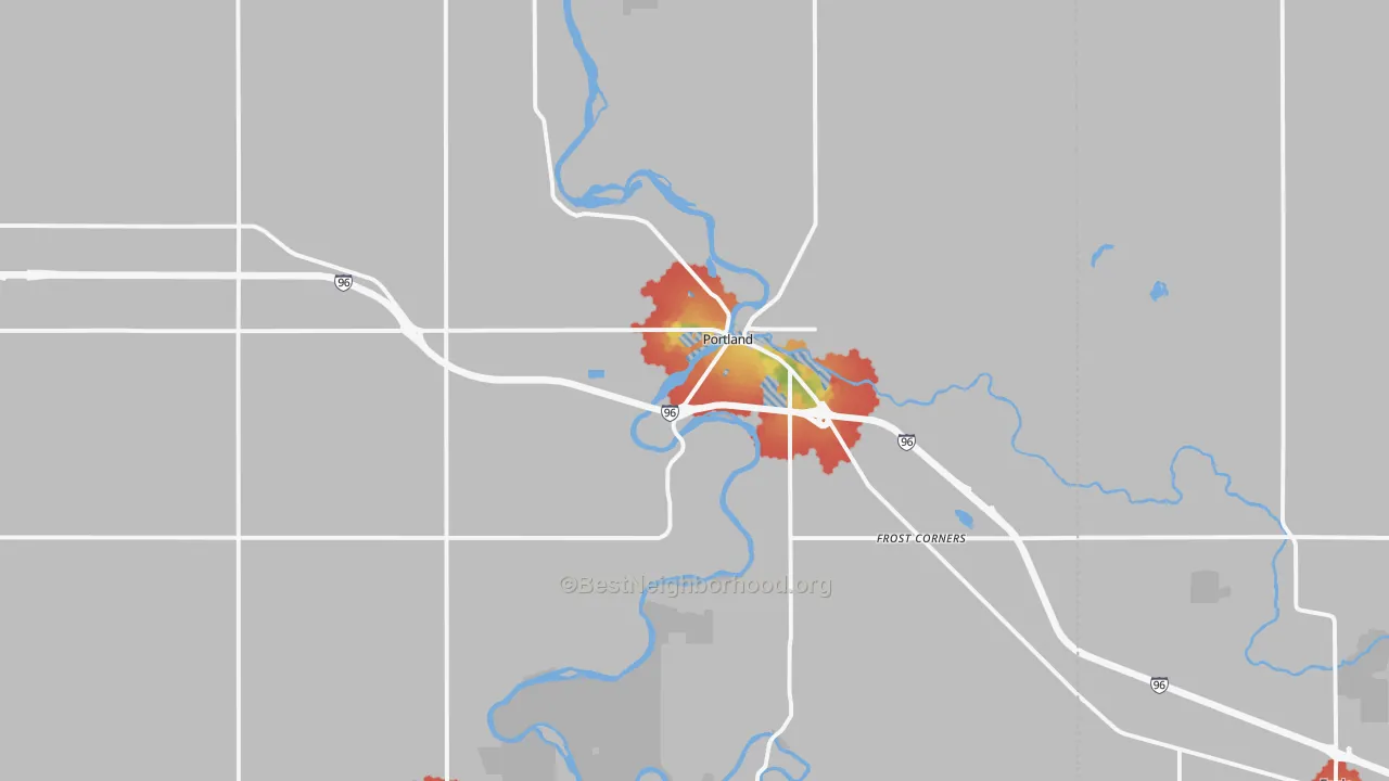 Walk Grade map of 48875, MI, walkable areas in green and car-dependent areas in red