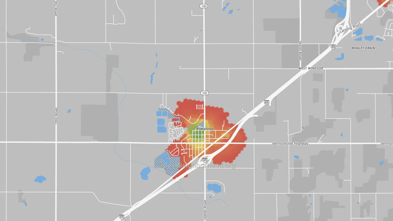 Walk Grade map of 48876, MI, walkable areas in green and car-dependent areas in red