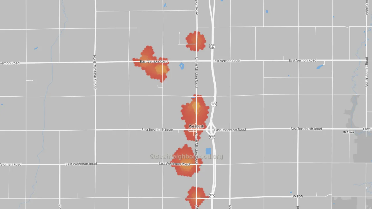 Walk Grade map of 48878, MI, walkable areas in green and car-dependent areas in red