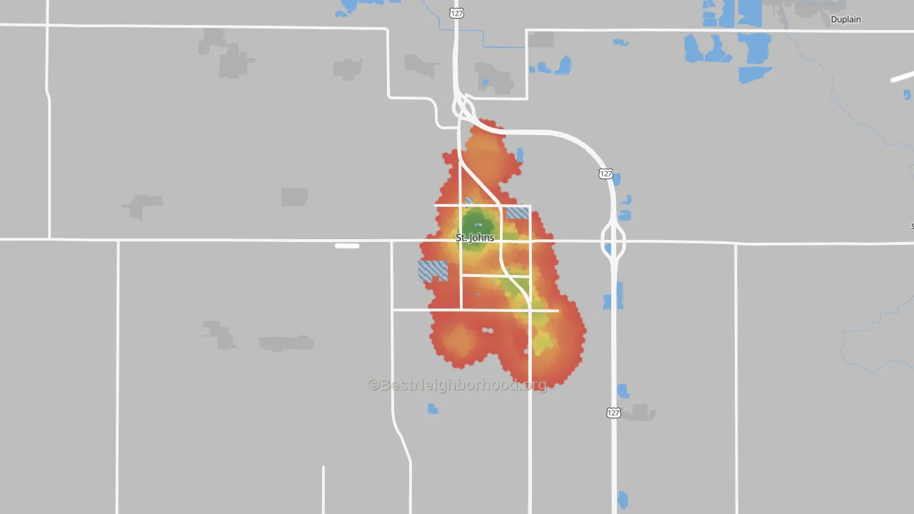 Walk Grade map of 48879, MI, walkable areas in green and car-dependent areas in red