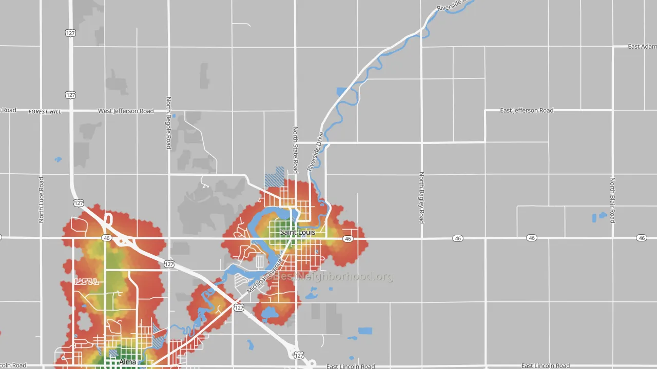 Walk Grade map of 48880, MI, walkable areas in green and car-dependent areas in red