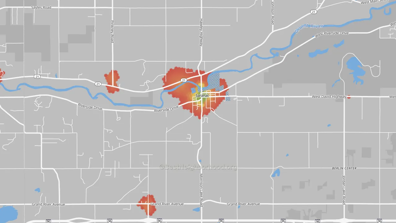 Walk Grade map of 48881, MI, walkable areas in green and car-dependent areas in red