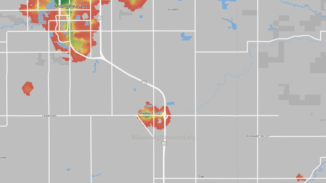 Walk Grade map of 48883, MI, walkable areas in green and car-dependent areas in red