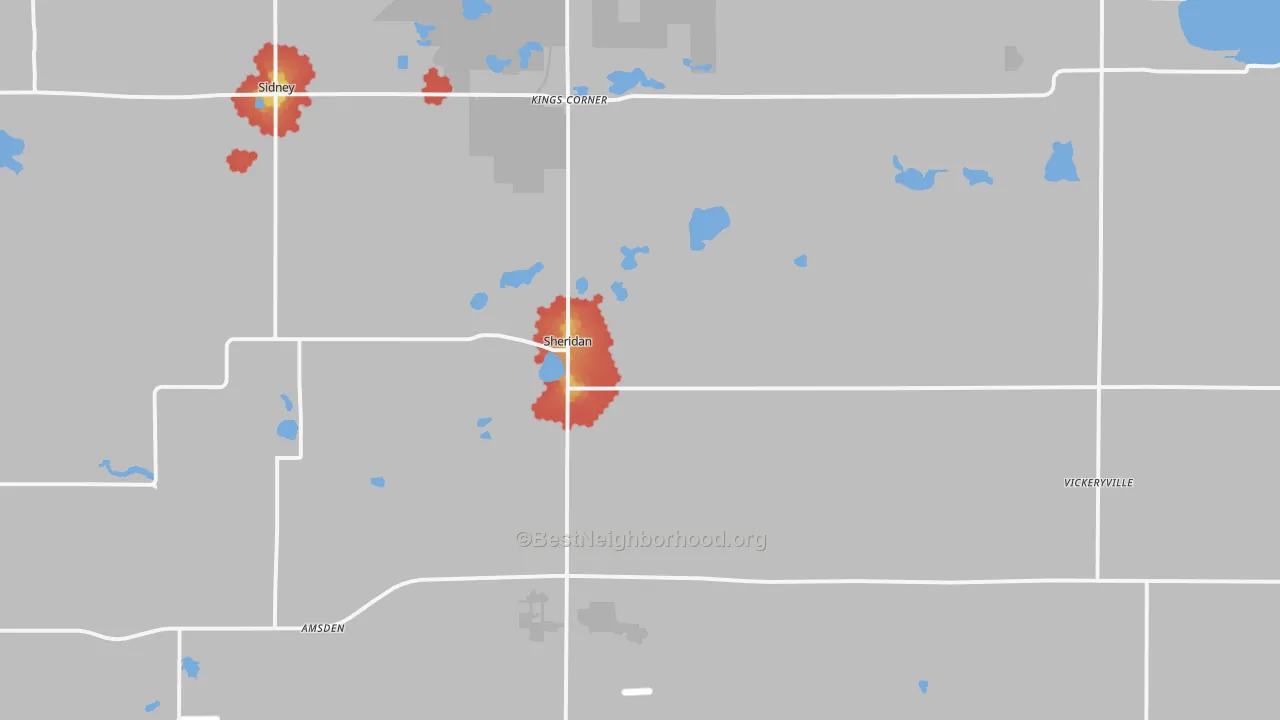 Walk Grade map of 48884, MI, walkable areas in green and car-dependent areas in red