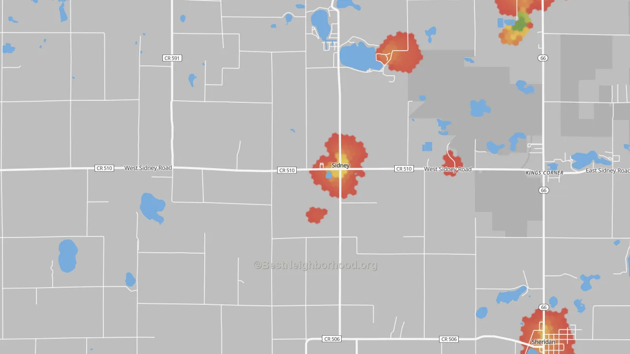 Walk Grade map of 48885, MI, walkable areas in green and car-dependent areas in red