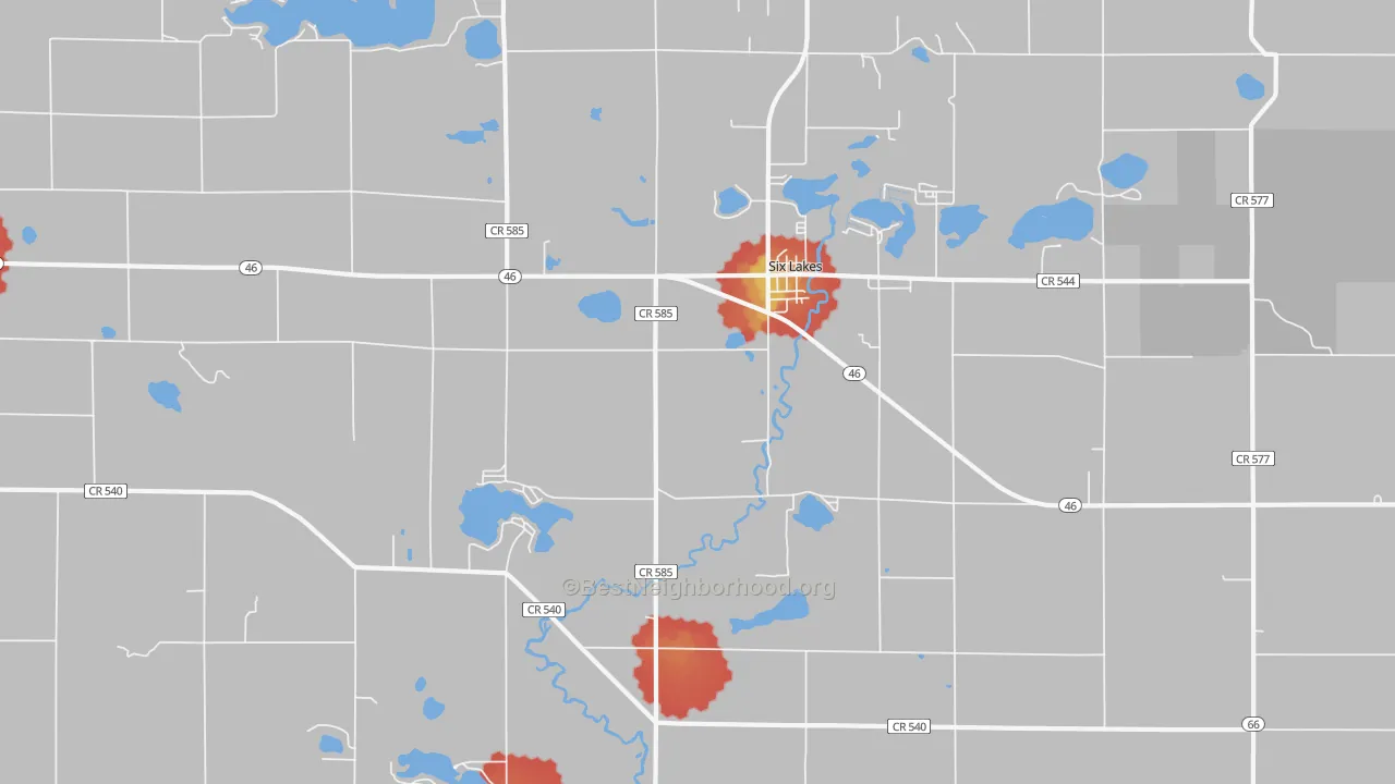 Walk Grade map of 48886, MI, walkable areas in green and car-dependent areas in red