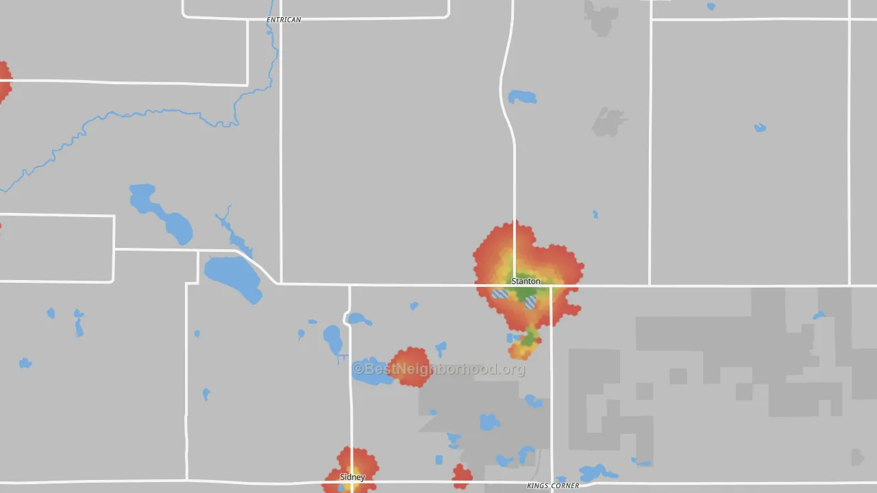 Walk Grade map of 48888, MI, walkable areas in green and car-dependent areas in red