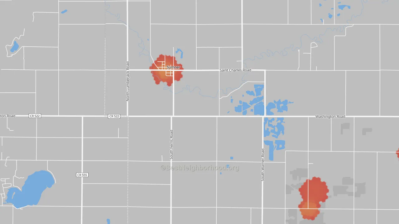 Walk Grade map of 48889, MI, walkable areas in green and car-dependent areas in red