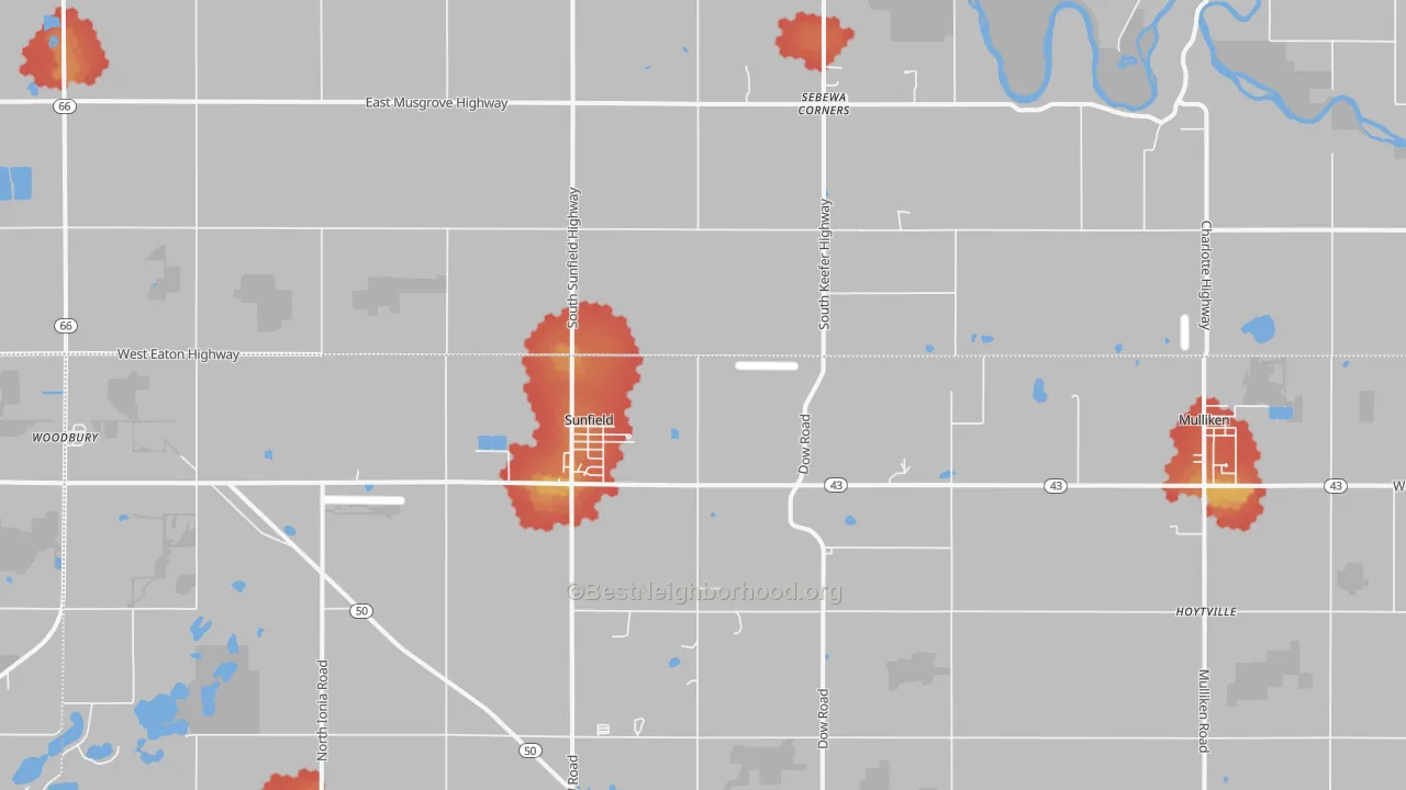 Walk Grade map of 48890, MI, walkable areas in green and car-dependent areas in red