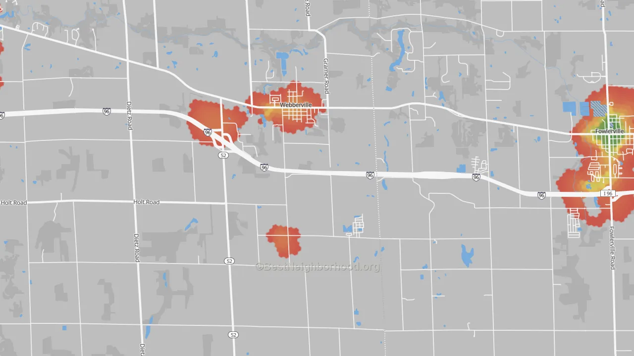 Walk Grade map of 48892, MI, walkable areas in green and car-dependent areas in red