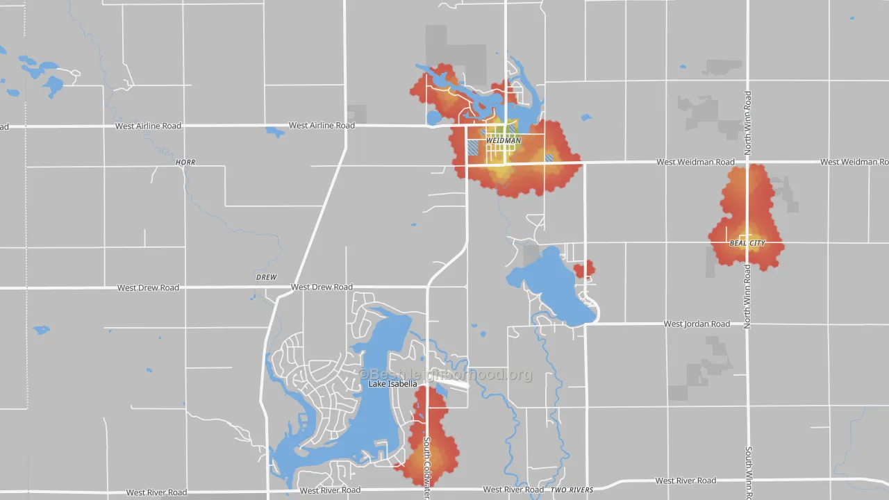 Walk Grade map of 48893, MI, walkable areas in green and car-dependent areas in red