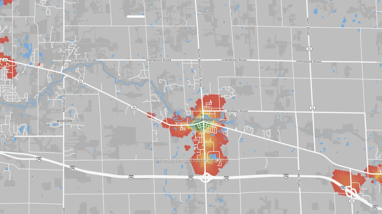 Walk Grade map of 48895, MI, walkable areas in green and car-dependent areas in red