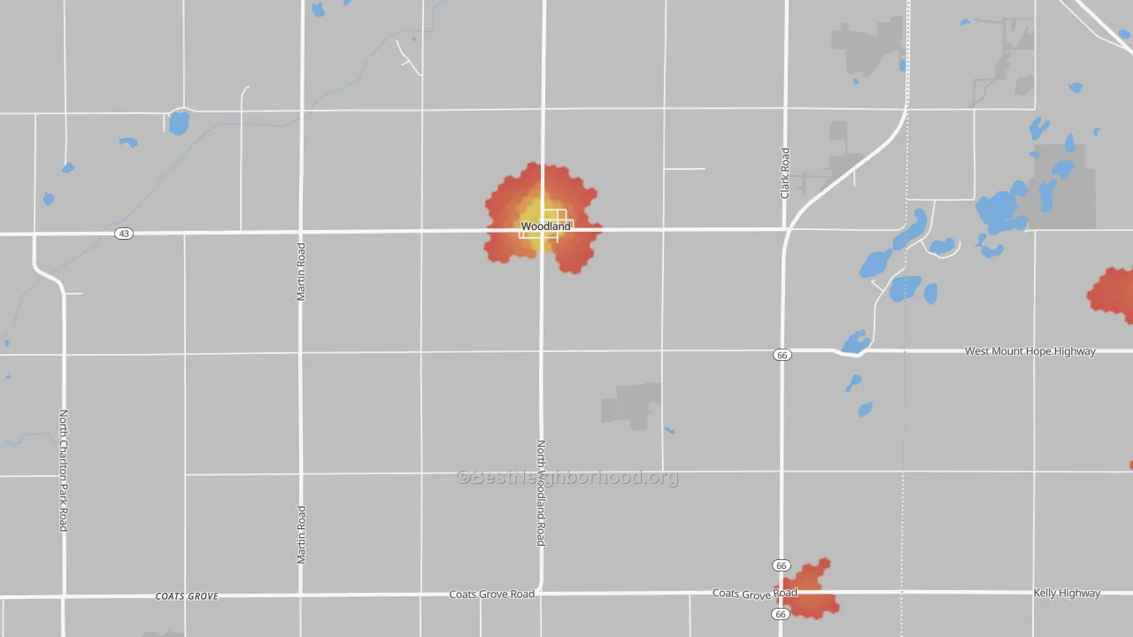 Walk Grade map of 48897, MI, walkable areas in green and car-dependent areas in red