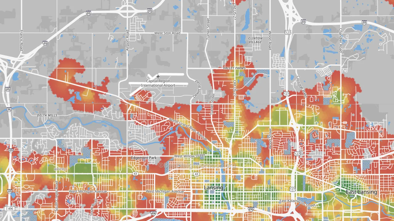 Walk Grade map of 48906, MI, walkable areas in green and car-dependent areas in red