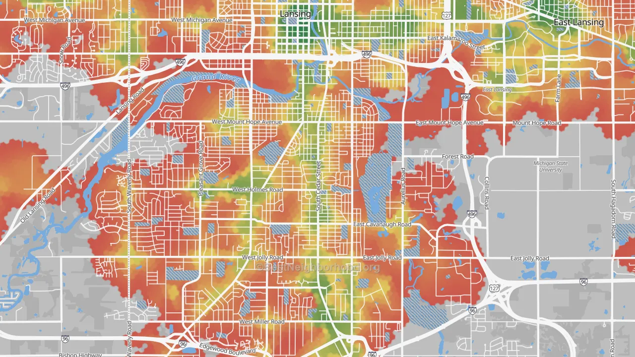 Walk Grade map of 48910, MI, walkable areas in green and car-dependent areas in red