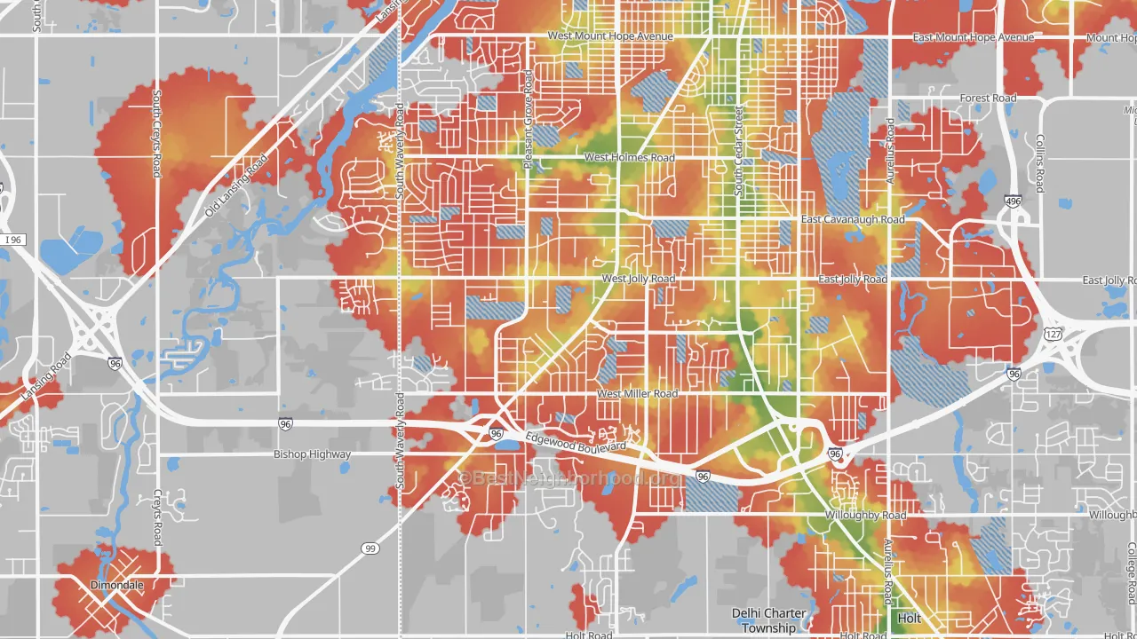 Walk Grade map of 48911, MI, walkable areas in green and car-dependent areas in red