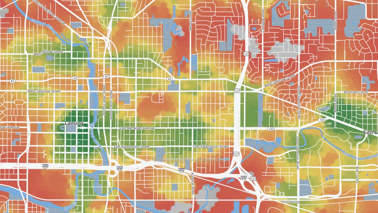 Walk Grade map of 48912, MI, walkable areas in green and car-dependent areas in red