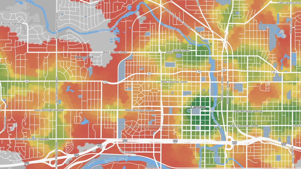 Walk Grade map of 48915, MI, walkable areas in green and car-dependent areas in red