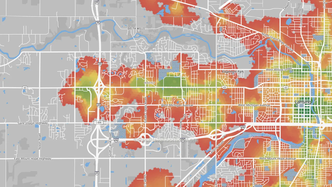 Walk Grade map of 48917, MI, walkable areas in green and car-dependent areas in red