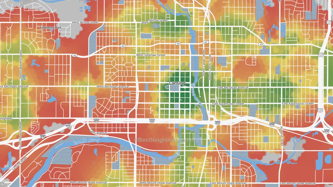 Walk Grade map of 48933, MI, walkable areas in green and car-dependent areas in red