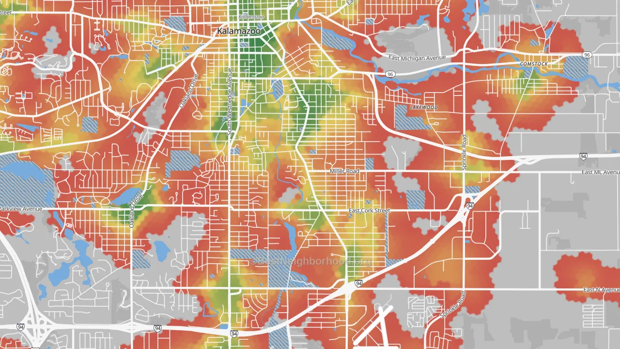 Walk Grade map of 49001, MI, walkable areas in green and car-dependent areas in red
