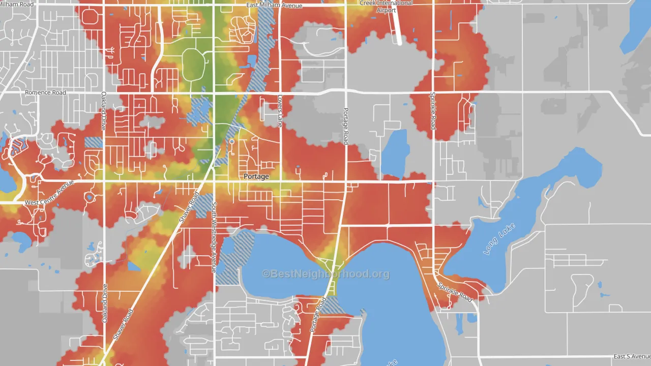 Walk Grade map of 49002, MI, walkable areas in green and car-dependent areas in red