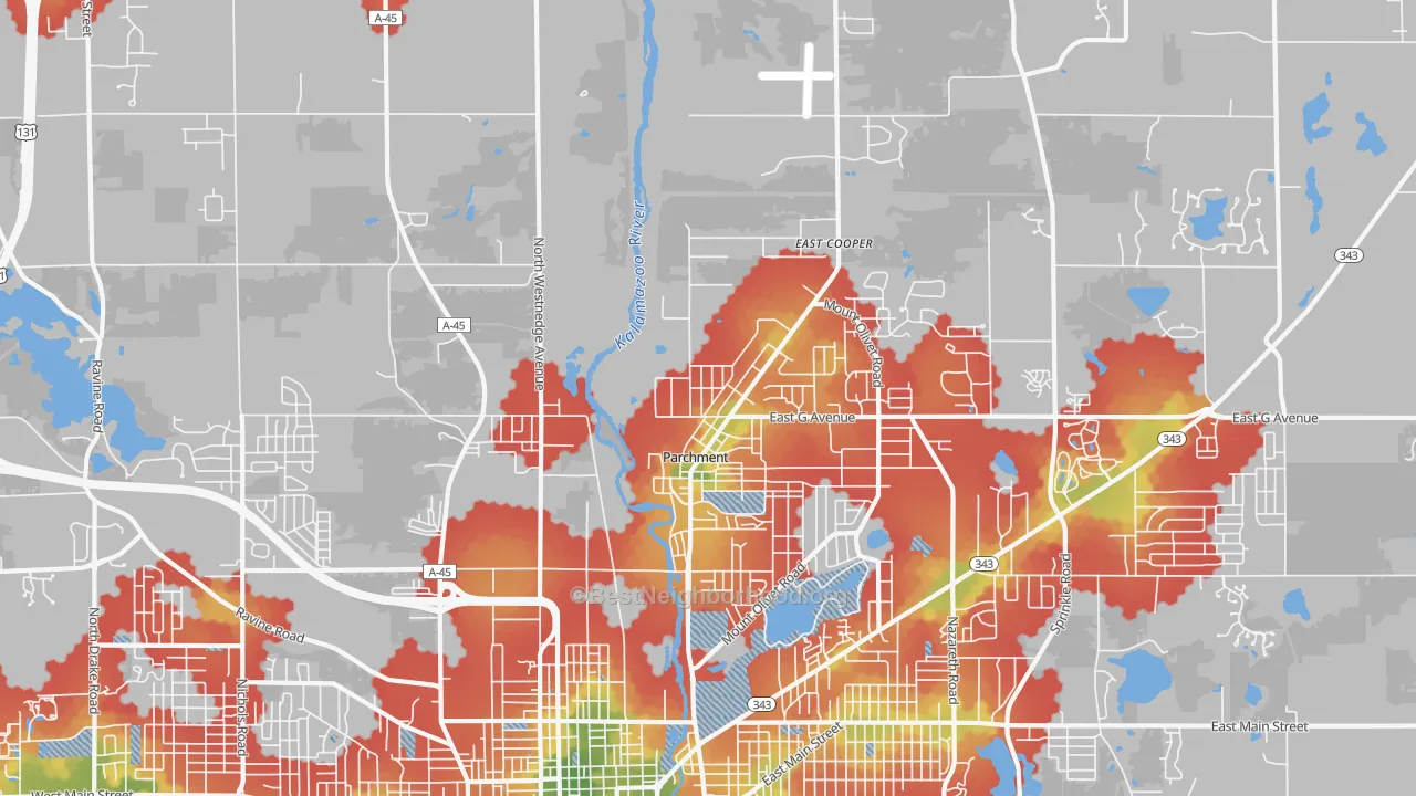 Walk Grade map of 49004, MI, walkable areas in green and car-dependent areas in red