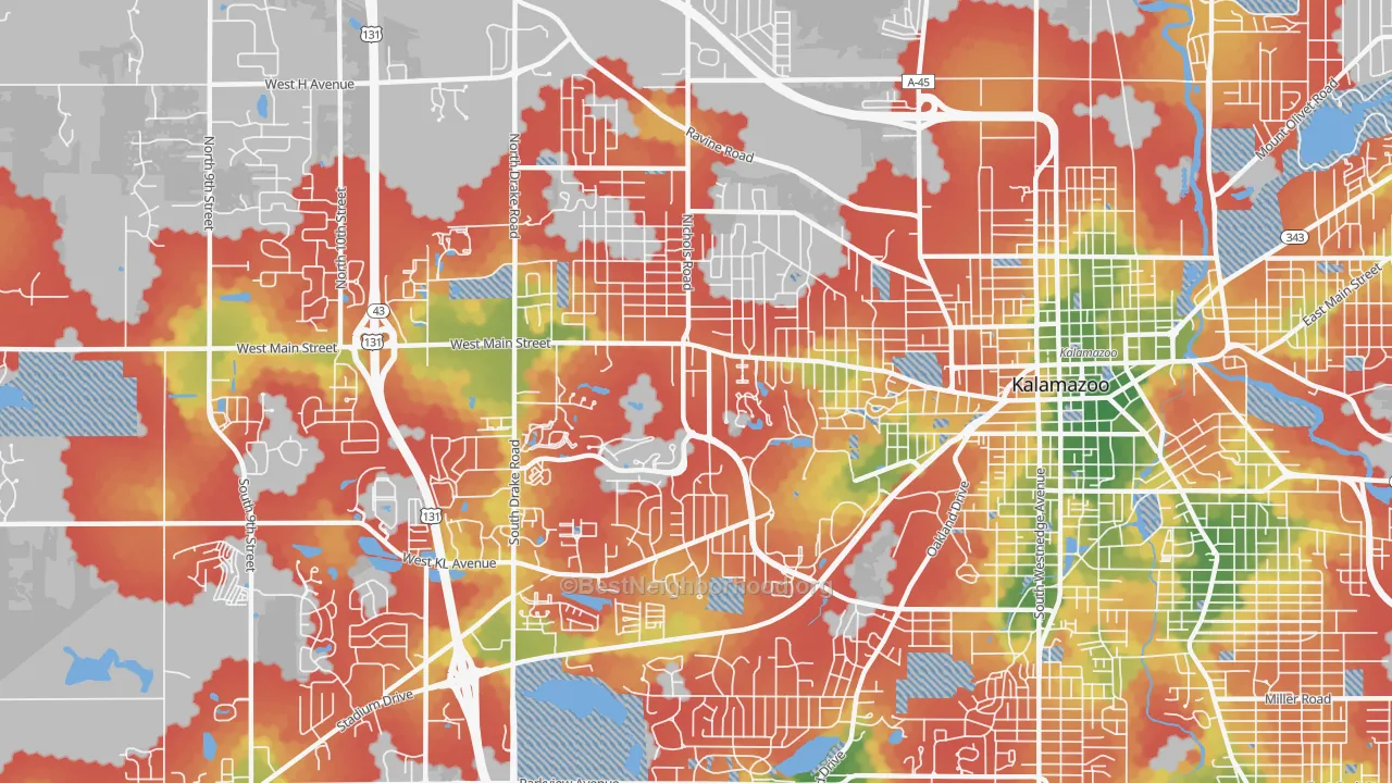 Walk Grade map of 49006, MI, walkable areas in green and car-dependent areas in red