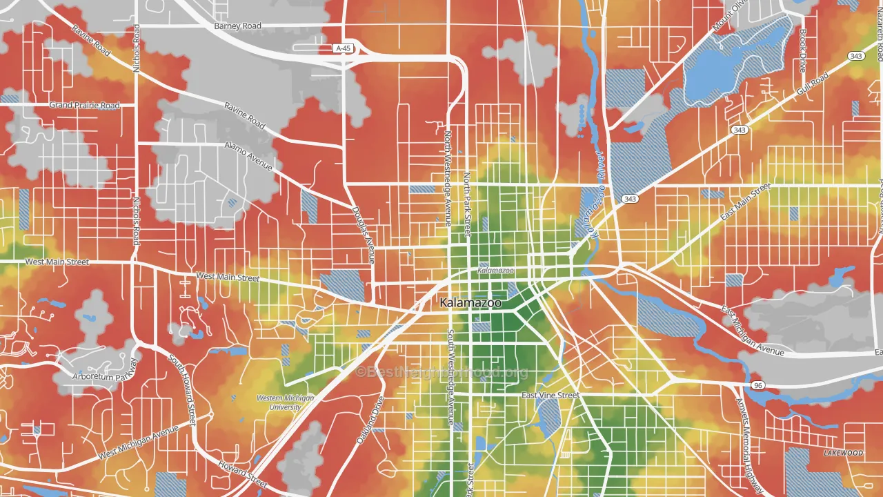 Walk Grade map of 49007, MI, walkable areas in green and car-dependent areas in red