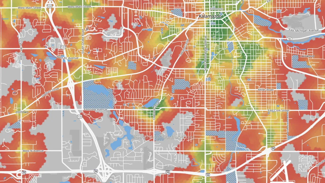 Walk Grade map of 49008, MI, walkable areas in green and car-dependent areas in red