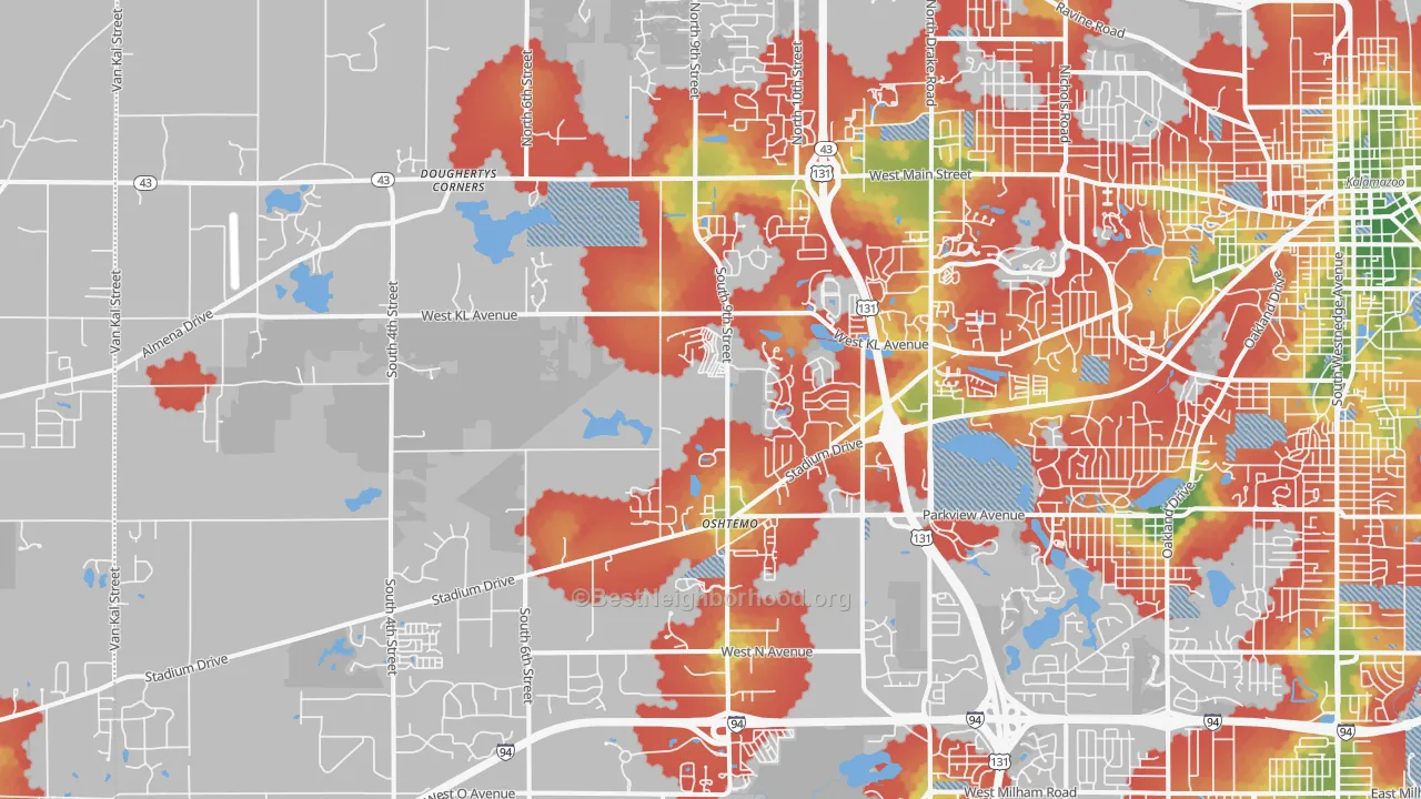 Walk Grade map of 49009, MI, walkable areas in green and car-dependent areas in red