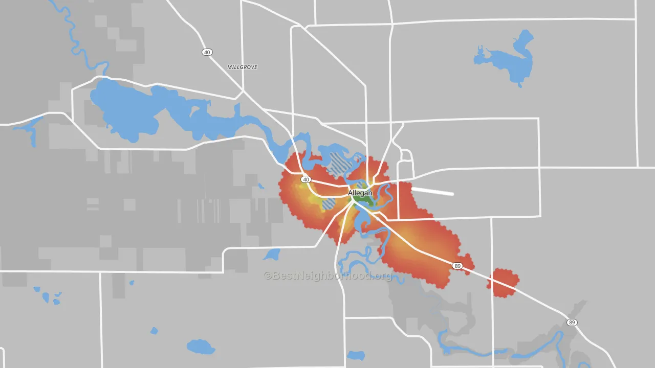 Walk Grade map of 49010, MI, walkable areas in green and car-dependent areas in red