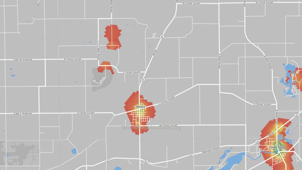 Walk Grade map of 49011, MI, walkable areas in green and car-dependent areas in red