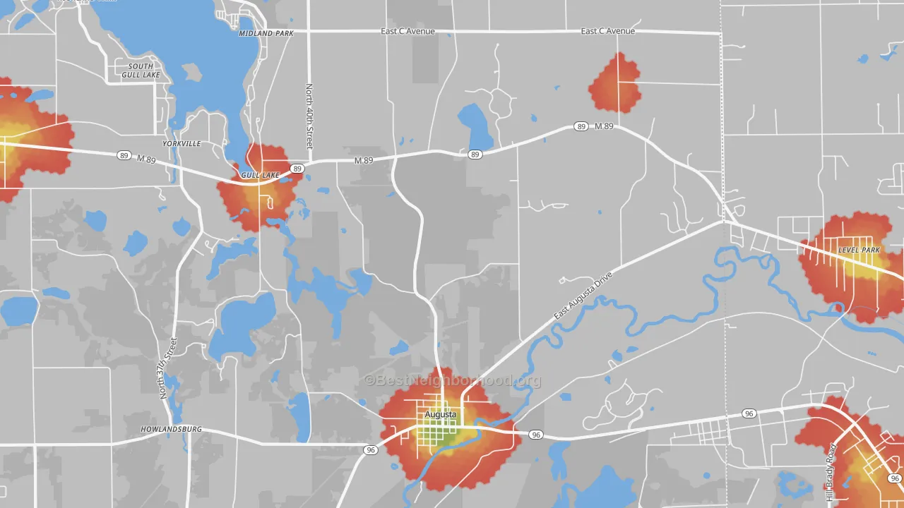 Walk Grade map of 49012, MI, walkable areas in green and car-dependent areas in red