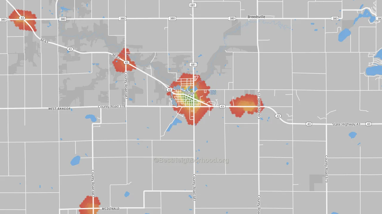 Walk Grade map of 49013, MI, walkable areas in green and car-dependent areas in red