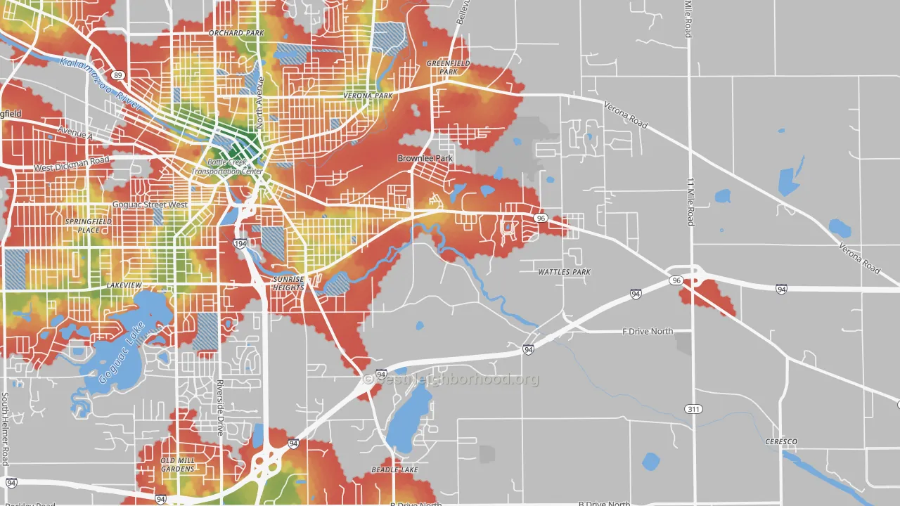 Walk Grade map of 49014, MI, walkable areas in green and car-dependent areas in red