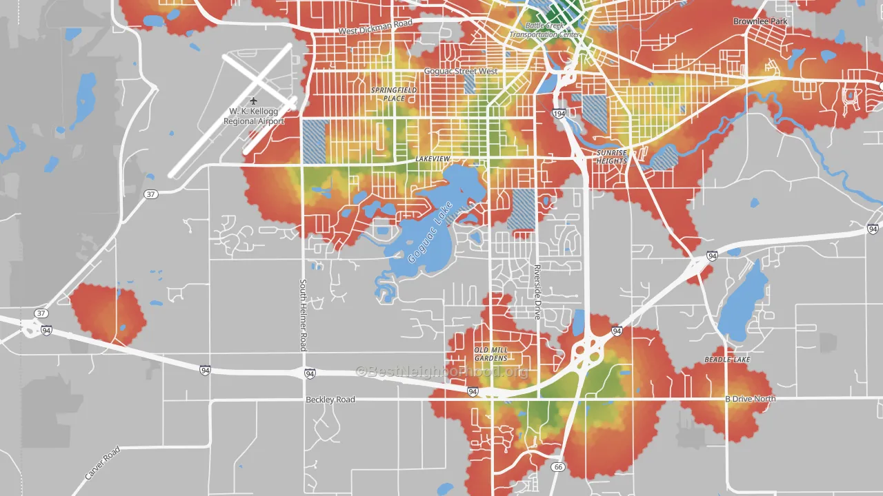 Walk Grade map of 49015, MI, walkable areas in green and car-dependent areas in red